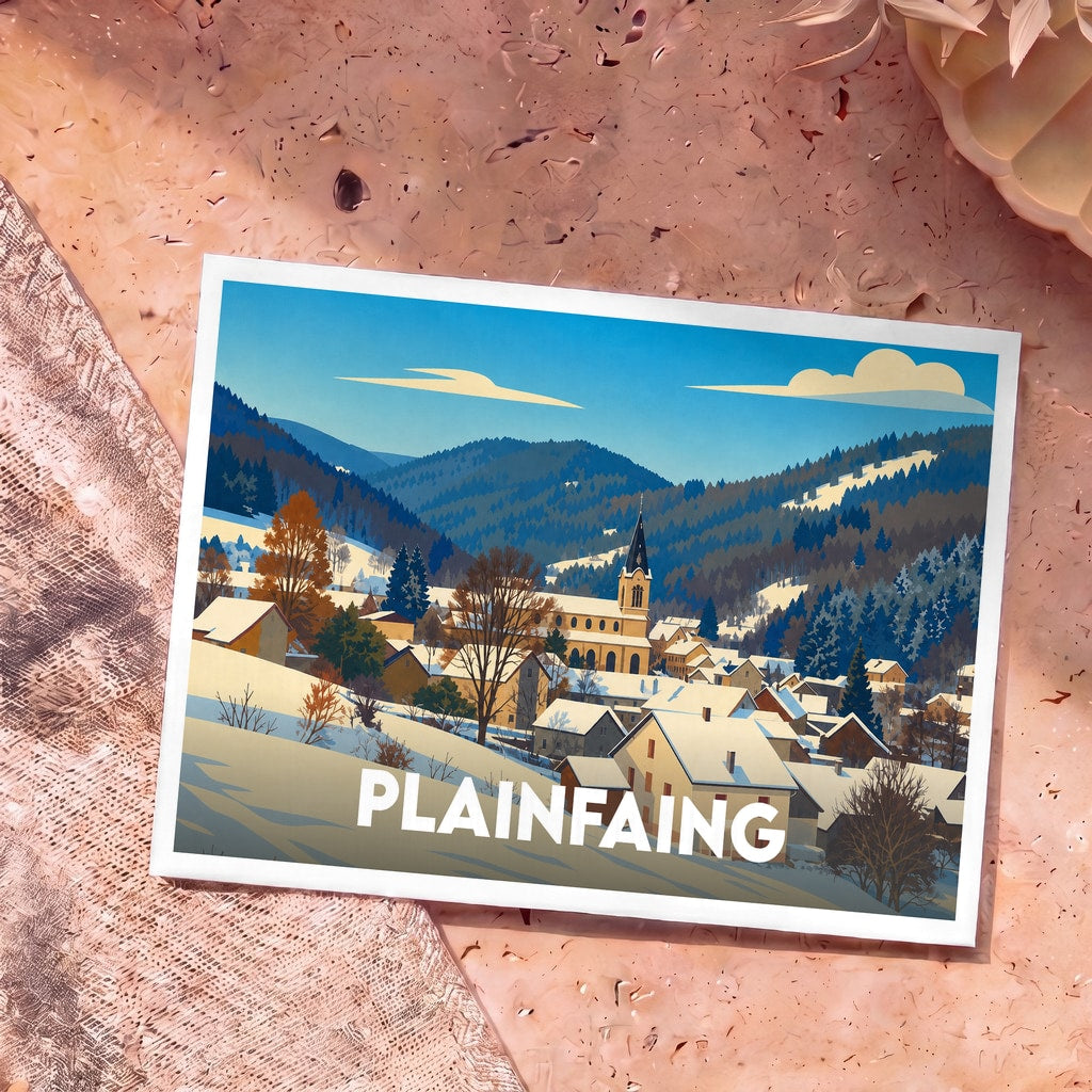 Carte postale souvenir de la ville de Plainfaing avec une illustration stylisée d'un village de montagne sous la neige.