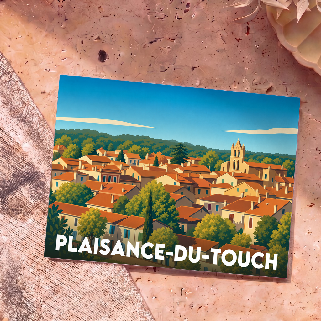 Carte postale souvenir de la ville de Plaisance-du-Touch avec une illustration stylisée.