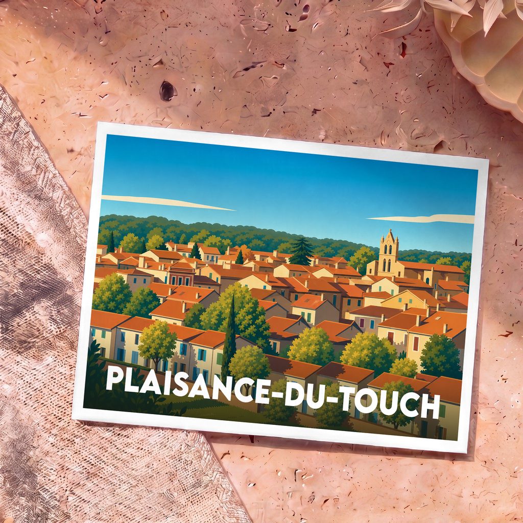 Carte postale souvenir de la ville de Plaisance-du-Touch avec une illustration stylisée.