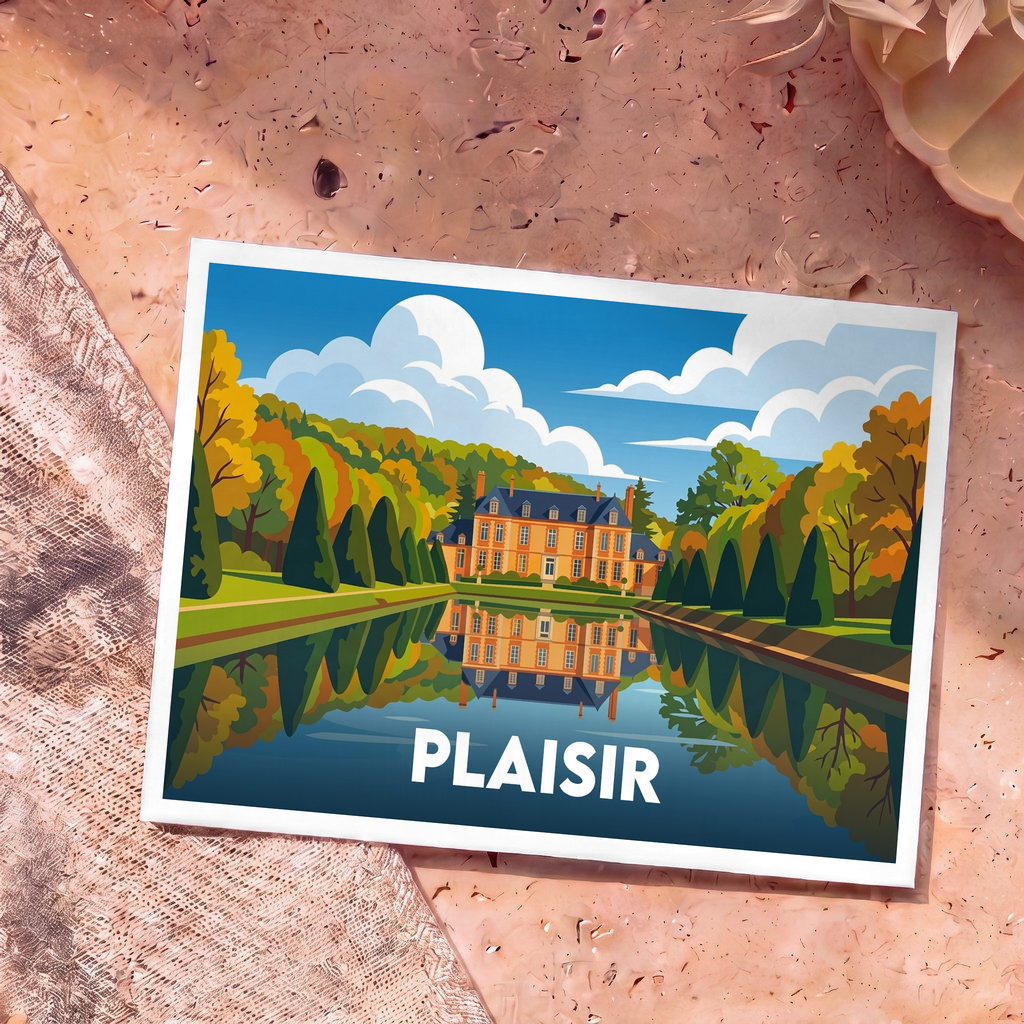 Carte postale souvenir de la ville de Plaisir avec une illustration stylisée du château et de son reflet dans l'eau.