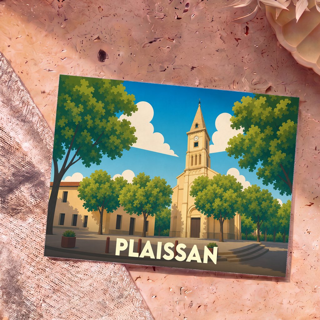 Carte postale souvenir de la ville de Plaissan avec une illustration stylisée de son église et de sa place arborée.
