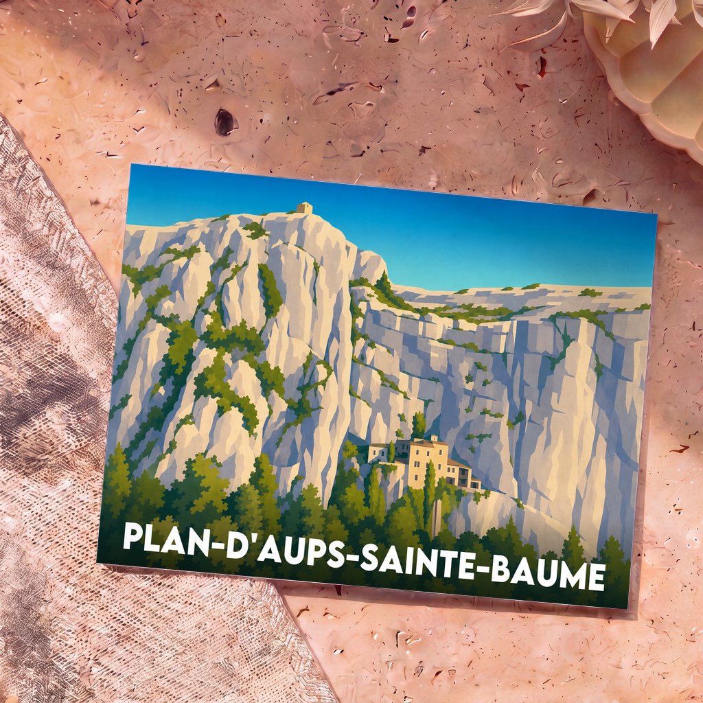 Carte postale souvenir de la ville de Plan-d'Aups-Sainte-Baume avec une illustration stylisée de son massif rocheux.