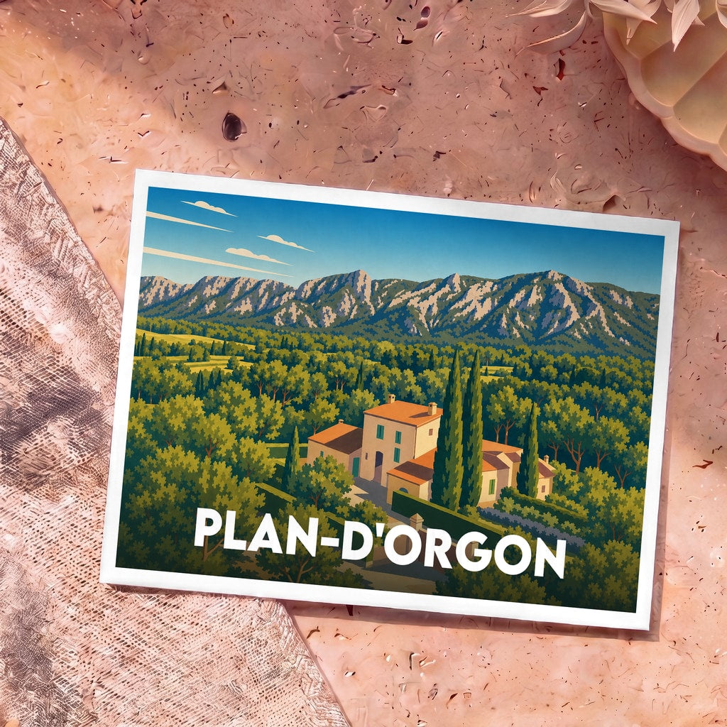 Carte postale souvenir de la ville de Plan-d'Orgon avec une illustration stylisée d'un paysage provençal.