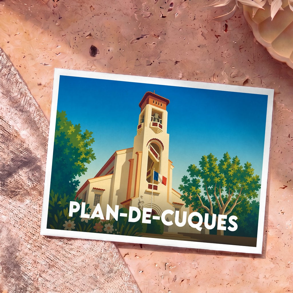 Carte postale souvenir de la ville de Plan-de-Cuques avec une illustration stylisée de son église sous un ciel bleu.
