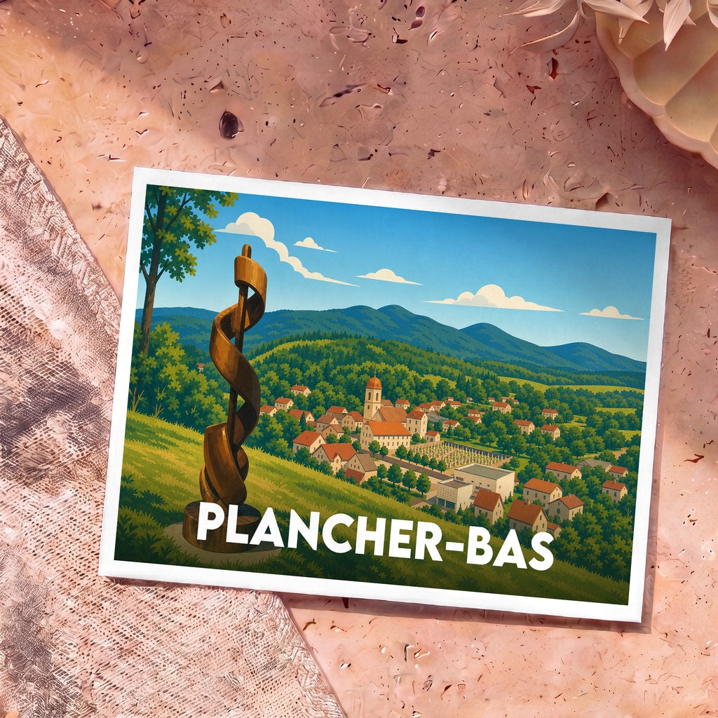 Carte postale souvenir de la ville de Plancher-Bas avec une illustration stylisée d'un paysage montagneux et d'une sculpture.