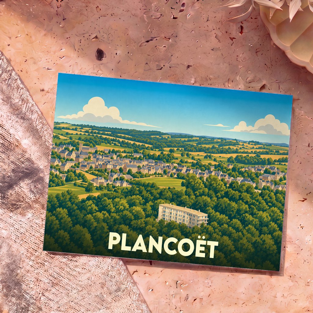 Carte postale souvenir de la ville de Plancoët avec une illustration stylisée d'un paysage verdoyant.