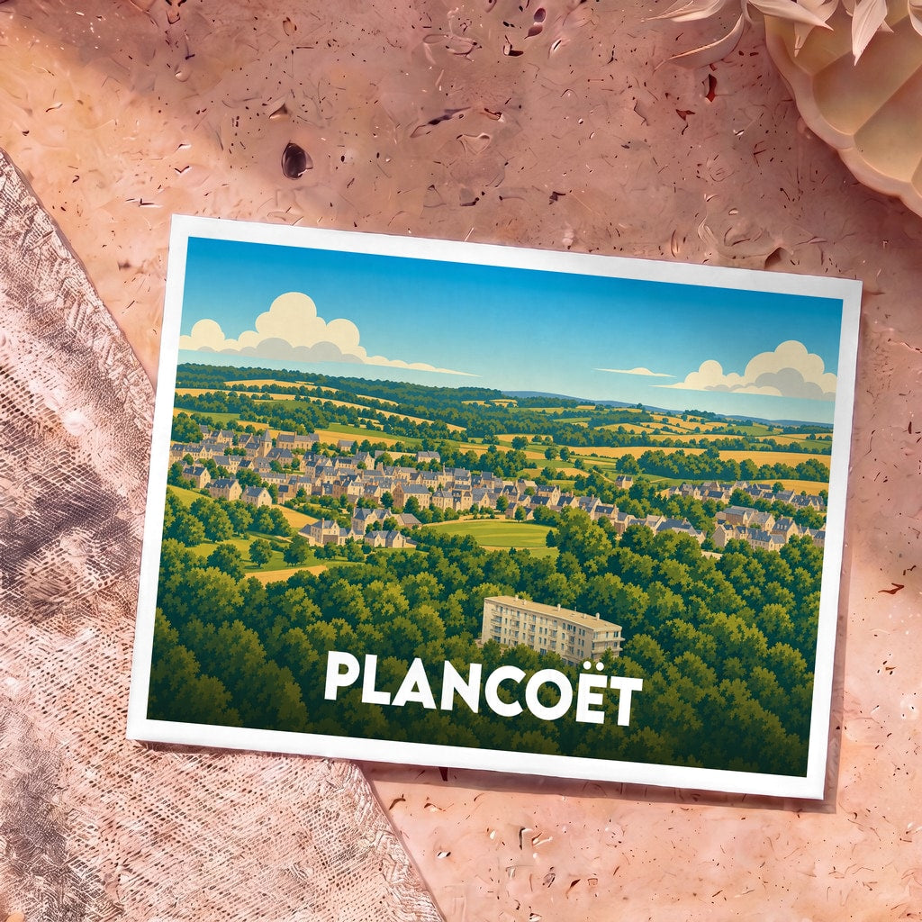Carte postale souvenir de la ville de Plancoët avec une illustration stylisée d'un paysage verdoyant.