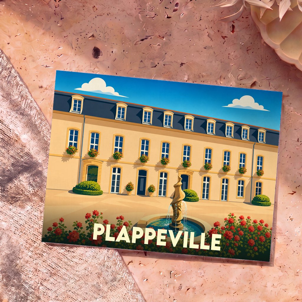 Carte postale souvenir de la ville de Plappeville avec une illustration stylisée d'un bâtiment historique et sa fontaine.