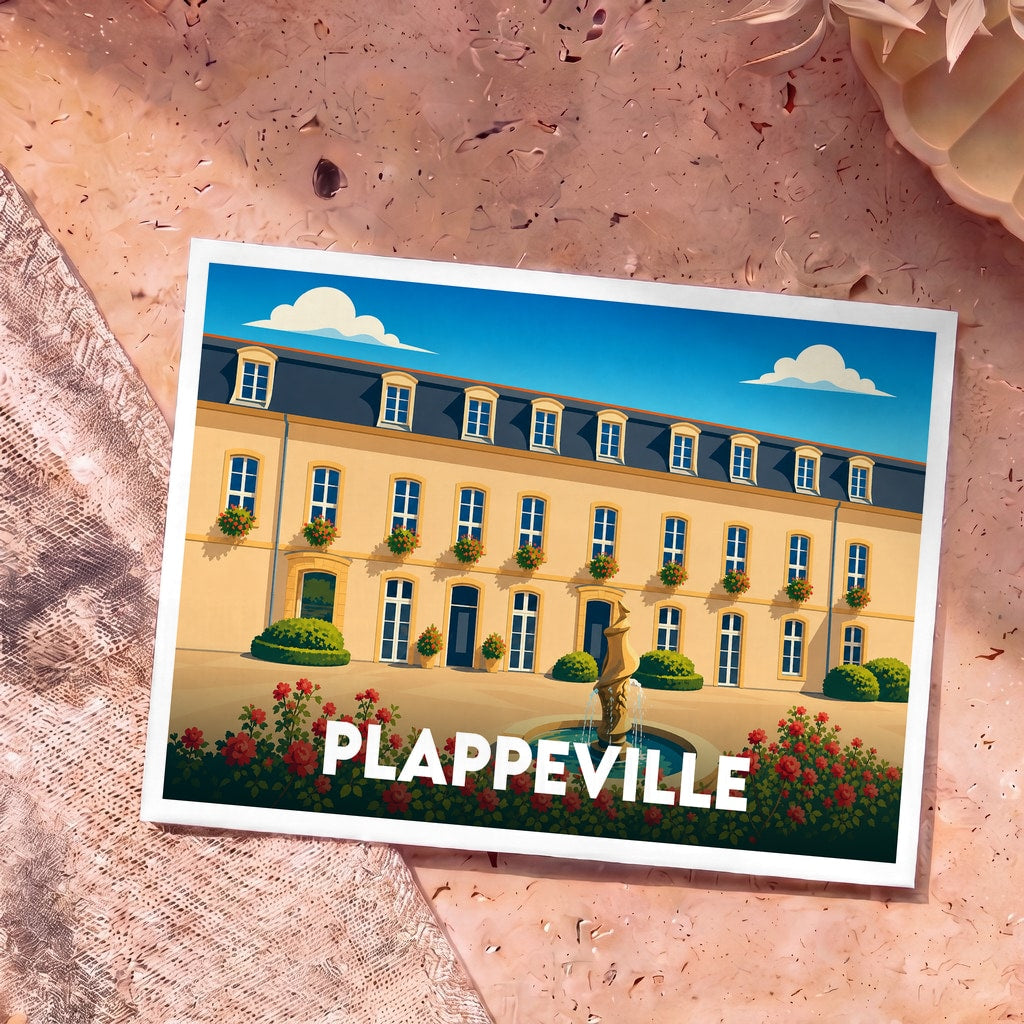 Carte postale souvenir de la ville de Plappeville avec une illustration stylisée d'un bâtiment historique et sa fontaine.