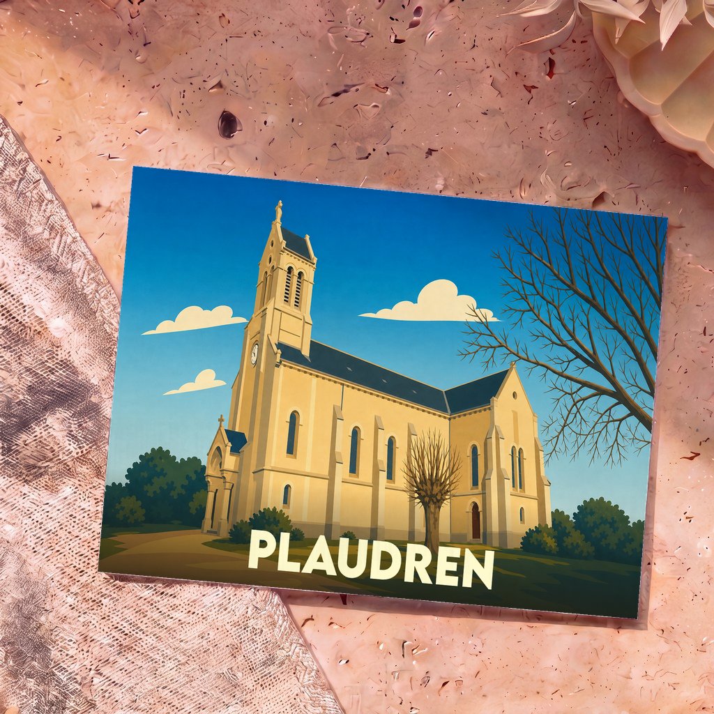 Carte postale souvenir de la ville de Plaudren illustrant son église dans un style graphique épuré.