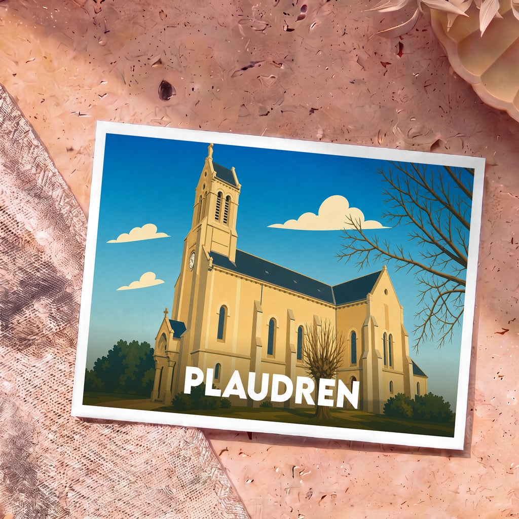 Carte postale souvenir de la ville de Plaudren illustrant son église dans un style graphique épuré.