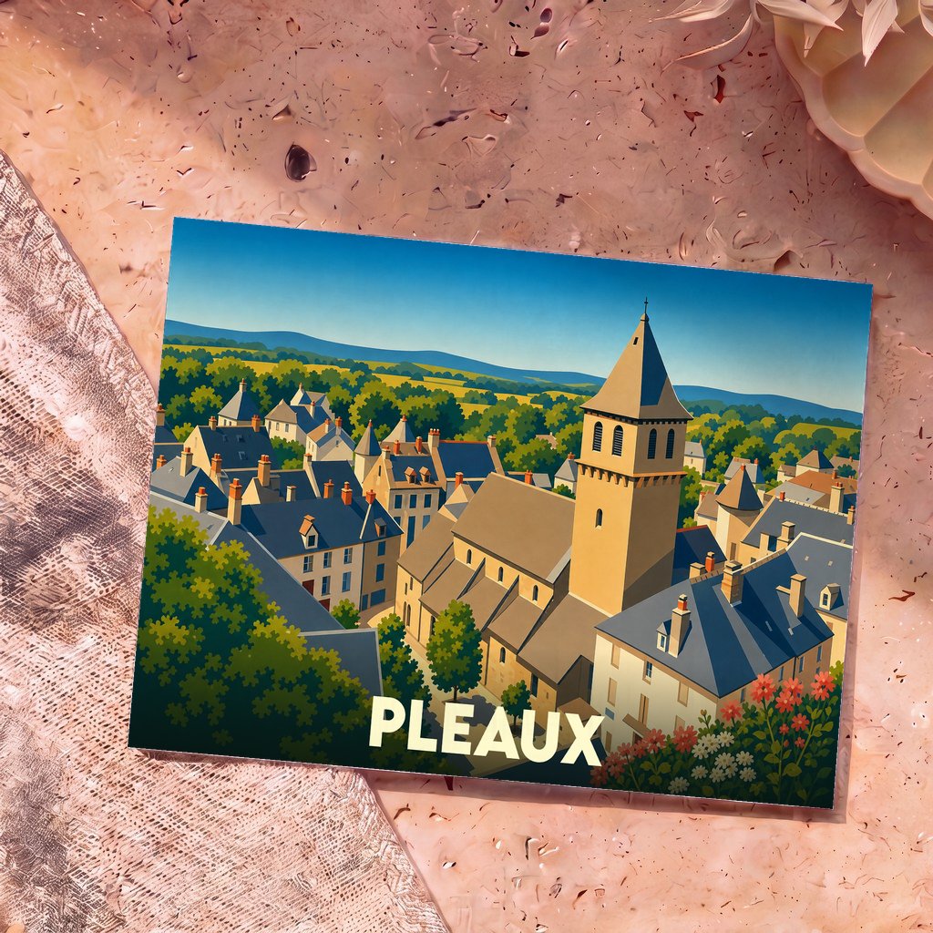 Carte postale souvenir de la ville de Pleaux avec une illustration stylisée et colorée.