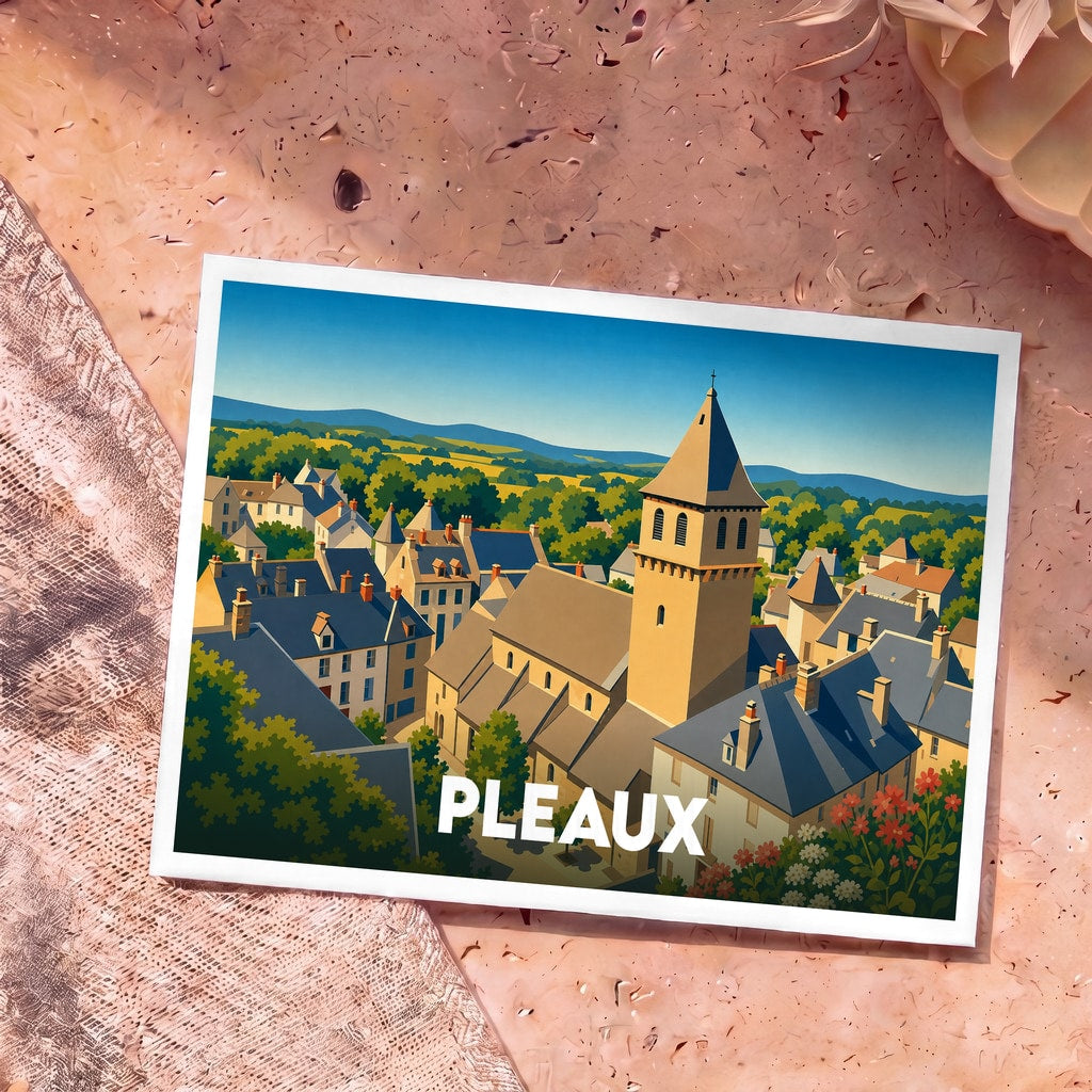 Carte postale souvenir de la ville de Pleaux avec une illustration stylisée et colorée.