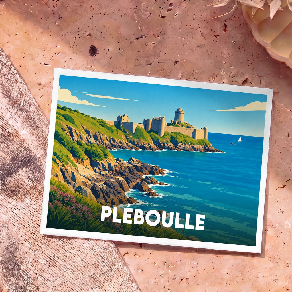 Carte postale souvenir de Pléboulle illustrant une vue stylisée du Fort La Latte au bord de l'eau.