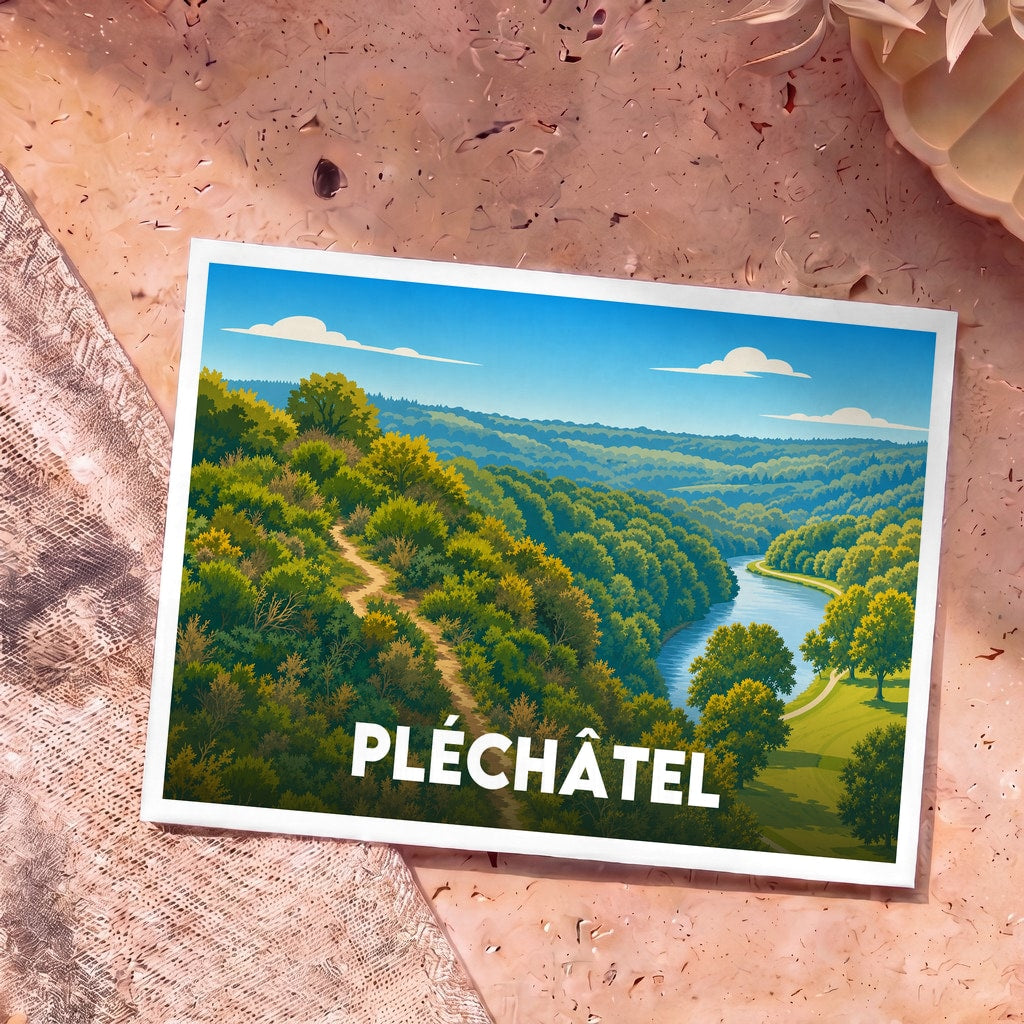 Carte postale souvenir de la ville de Pléchâtel illustrant un paysage vallonné et verdoyant bordé par une rivière.