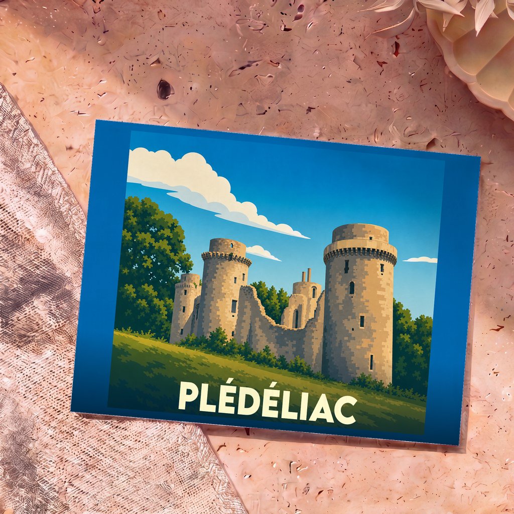 Carte postale souvenir de la ville de Plédéliac illustrant les tours du château de la Hunaudaye dans un style graphique épuré.