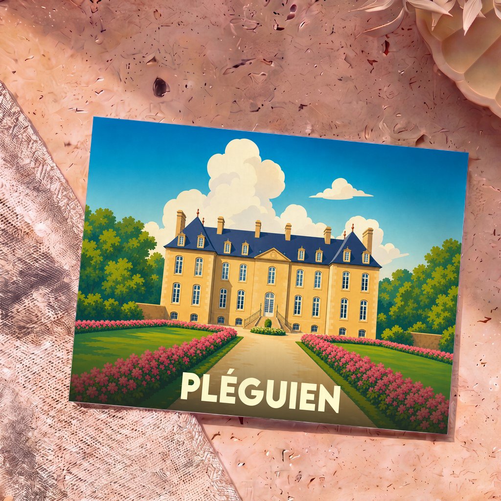 Carte postale souvenir de la ville de Pléguien illustrant un château majestueux entouré de jardins fleuris.