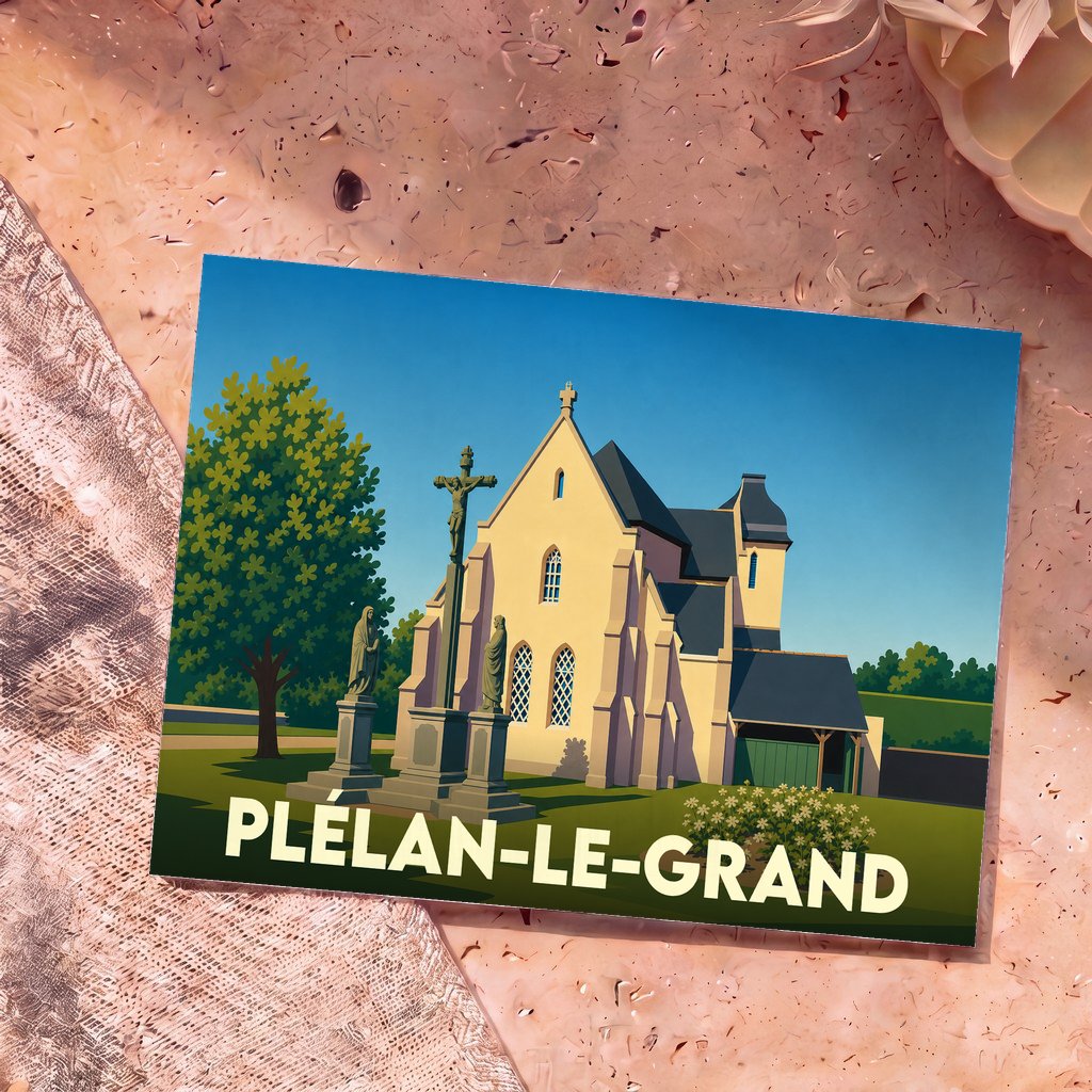 Carte postale souvenir de Plélan-le-Grand illustrant son église et un calvaire dans un style graphique épuré.