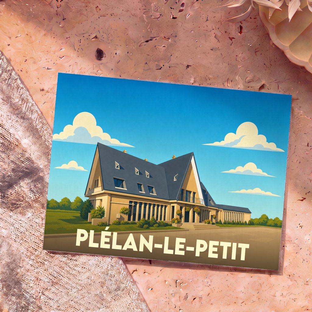 Carte postale souvenir de la ville de Plélan-le-Petit avec une illustration stylisée de sa mairie.
