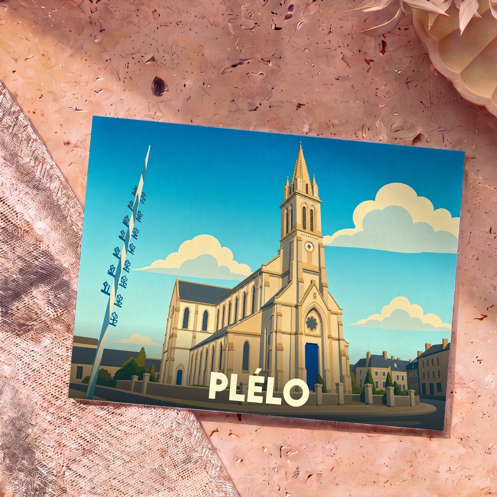 Carte postale souvenir de la ville de Plélo présentant une illustration stylisée de son église sous un ciel bleu.