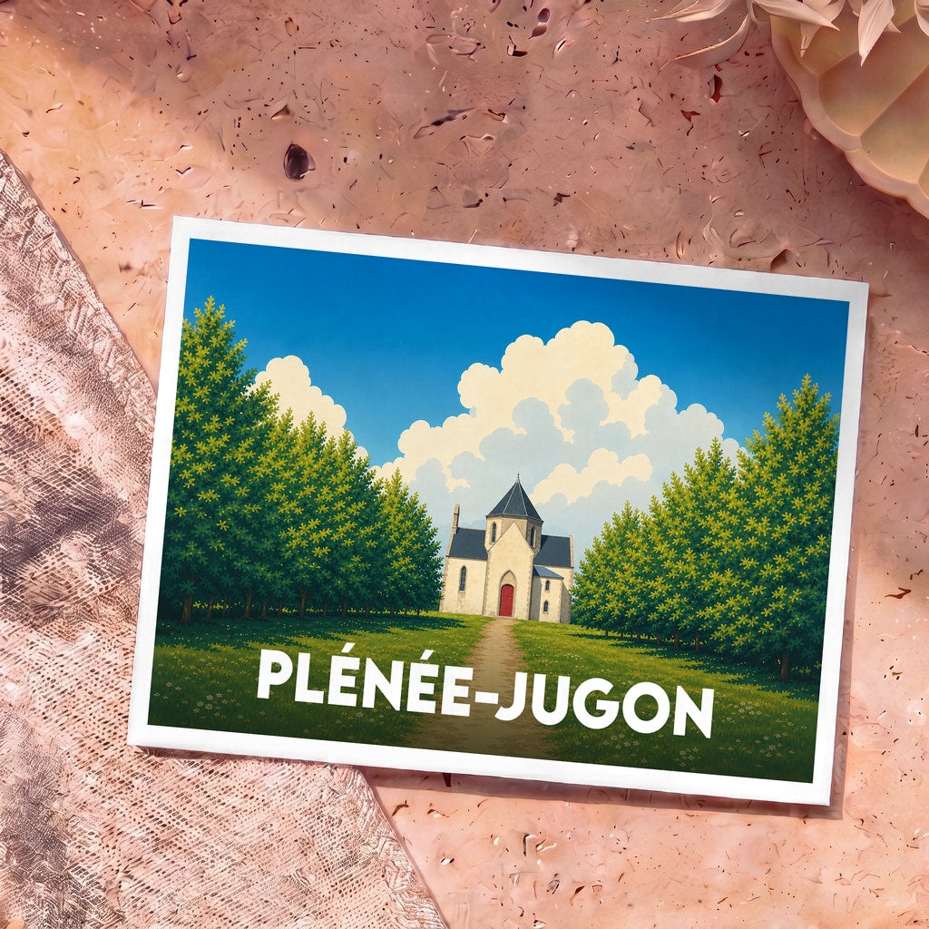 Carte postale souvenir de la ville de Plénée-Jugon avec une illustration stylisée d'une église dans un paysage verdoyant.