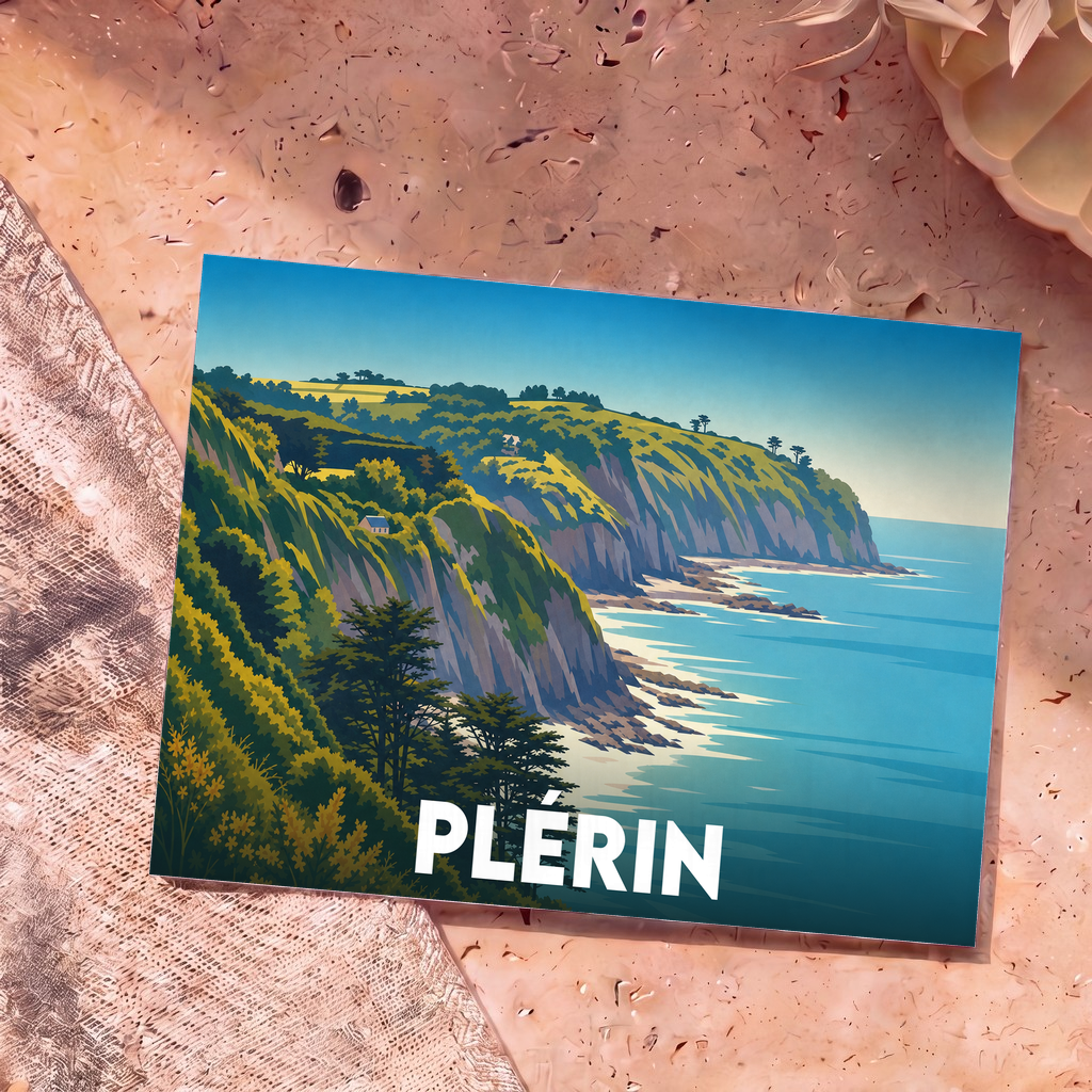 Carte postale souvenir de la ville de Plérin illustrant ses falaises verdoyantes en bord de mer.