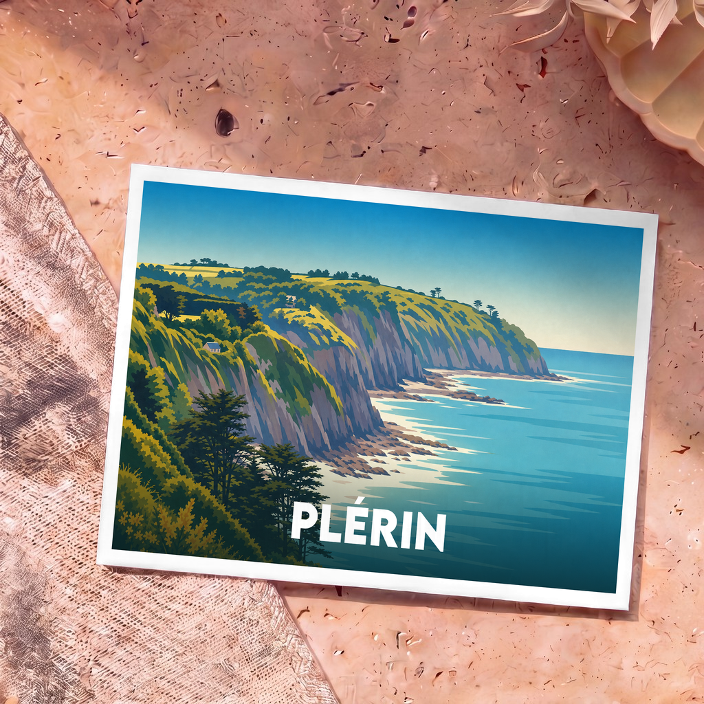 Carte postale souvenir de la ville de Plérin illustrant ses falaises verdoyantes en bord de mer.