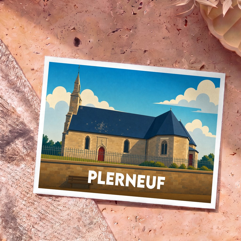Carte postale souvenir de la ville de Plerneuf illustrant une église stylisée sous un ciel bleu.