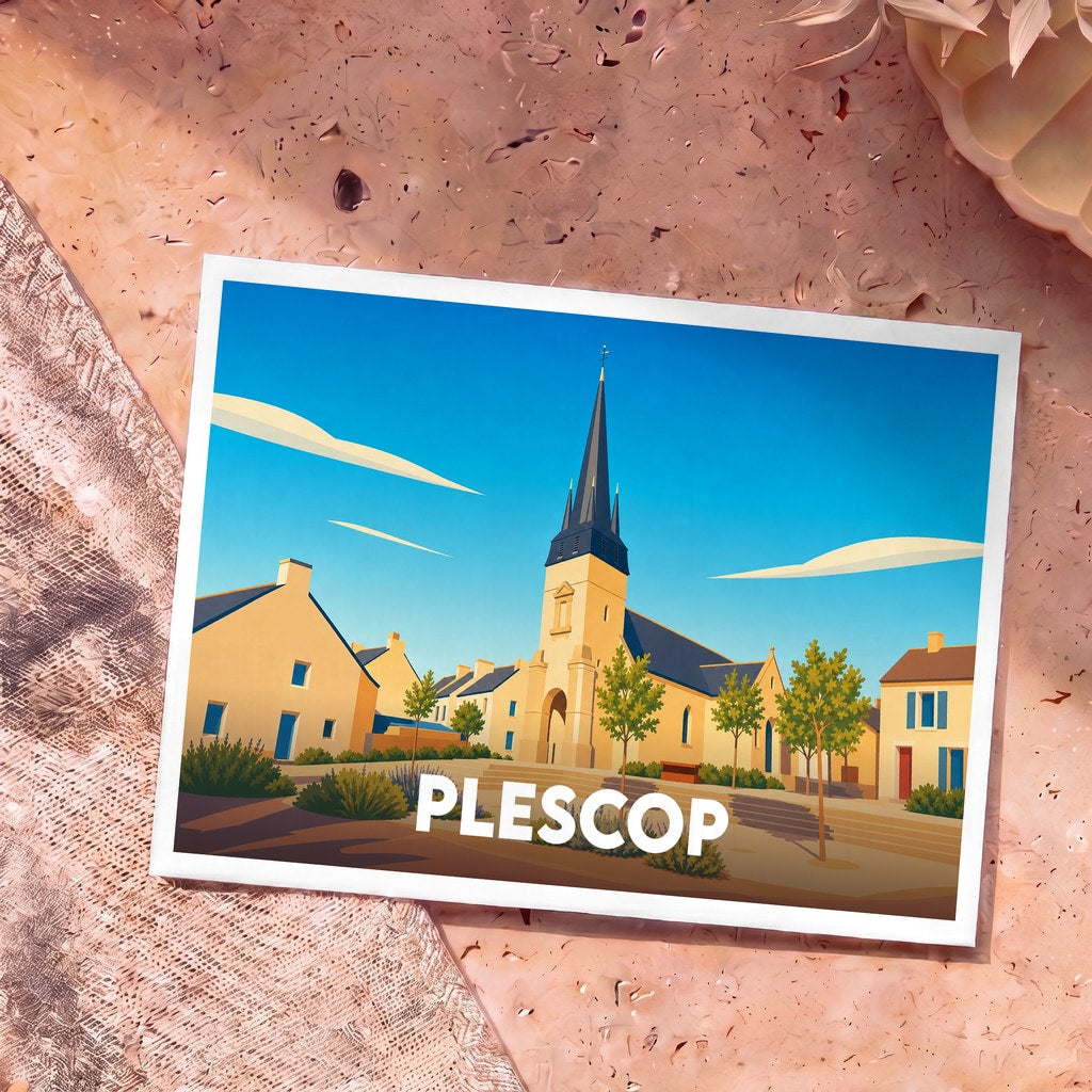 Carte postale souvenir de la ville de Plescop avec une illustration stylisée de son église et de ses maisons typiques.