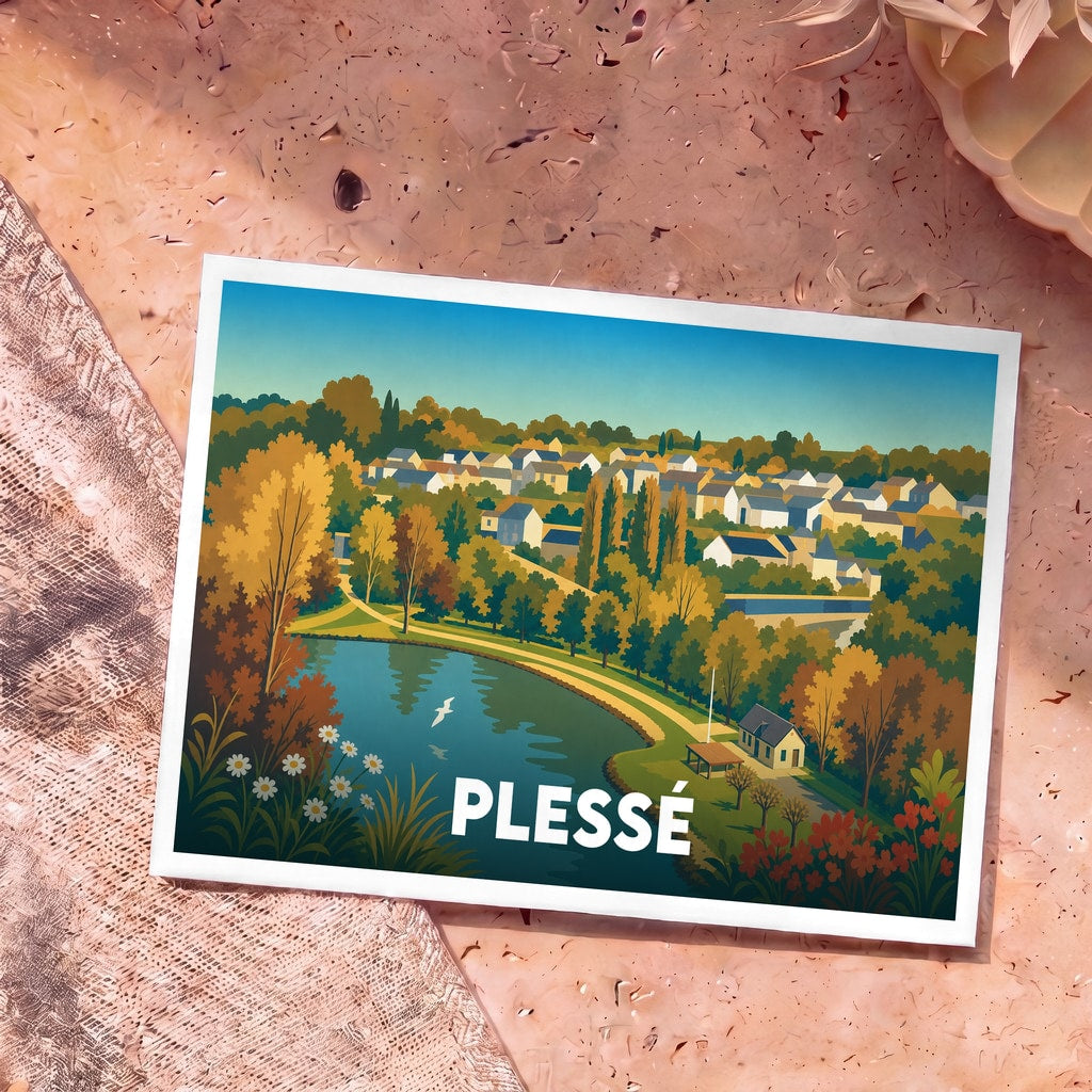 Carte postale souvenir de la ville de Plessé avec une illustration stylisée d'un lac bordé d'arbres et de maisons.