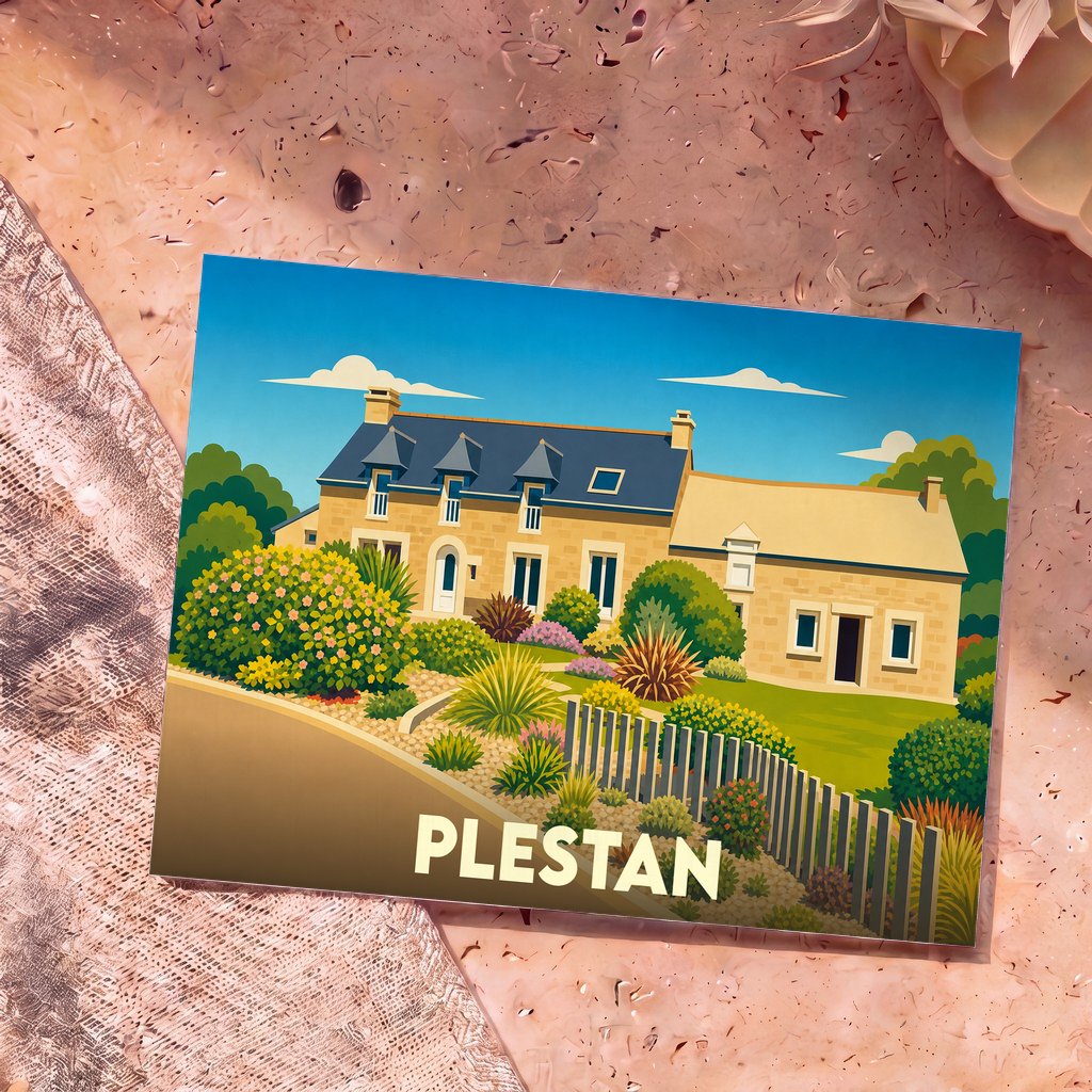 Carte postale souvenir de la ville de Plestan avec une illustration colorée d'une maison traditionnelle bretonne et de son jardin fleuri.