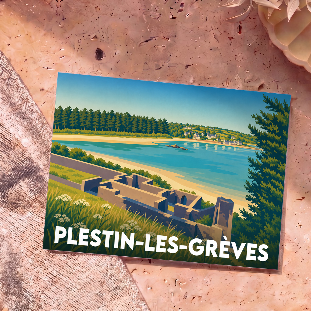 Carte postale souvenir de la ville de Plestin-les-Grèves avec une illustration stylisée de son littoral et de ses ruines.