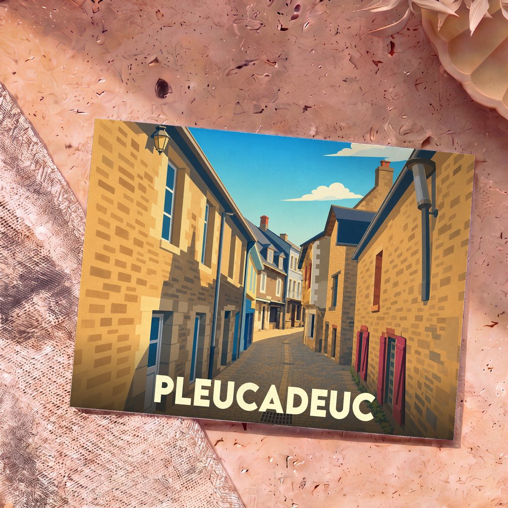 Carte postale souvenir de la ville de Pleucadeuc avec une illustration stylisée d'une rue pavée.
