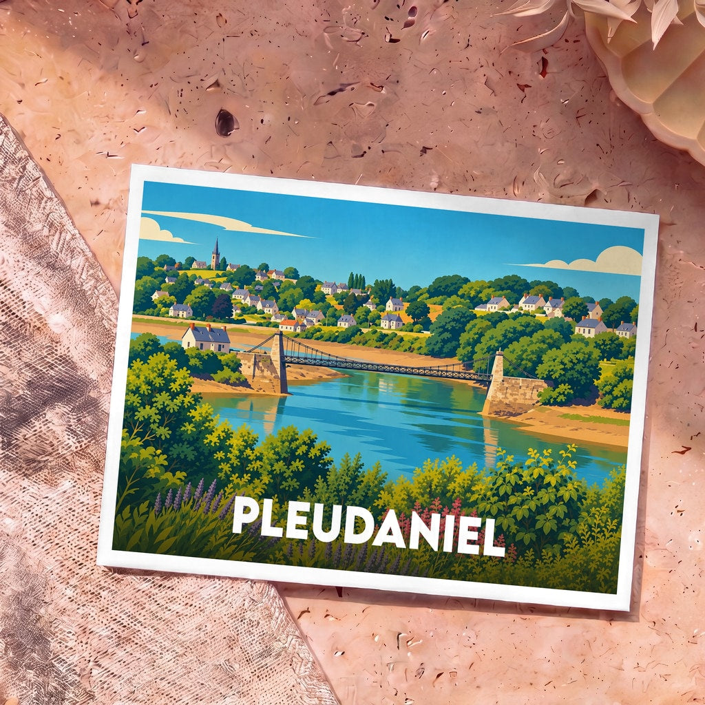 Carte postale souvenir de la ville de Pleudaniel avec une illustration stylisée de son pont et de son paysage verdoyant.