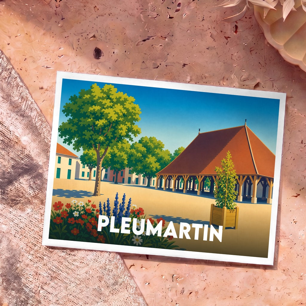 Carte postale souvenir de la ville de Pleumartin avec une illustration stylisée de ses halles historiques.