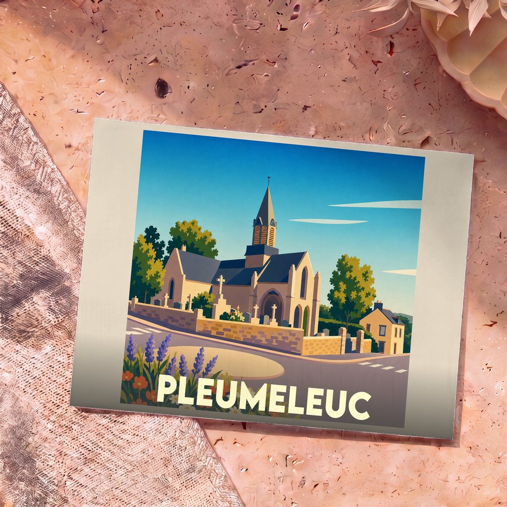 Carte postale souvenir de la ville de Pleumeleuc avec une illustration stylisée de son église.