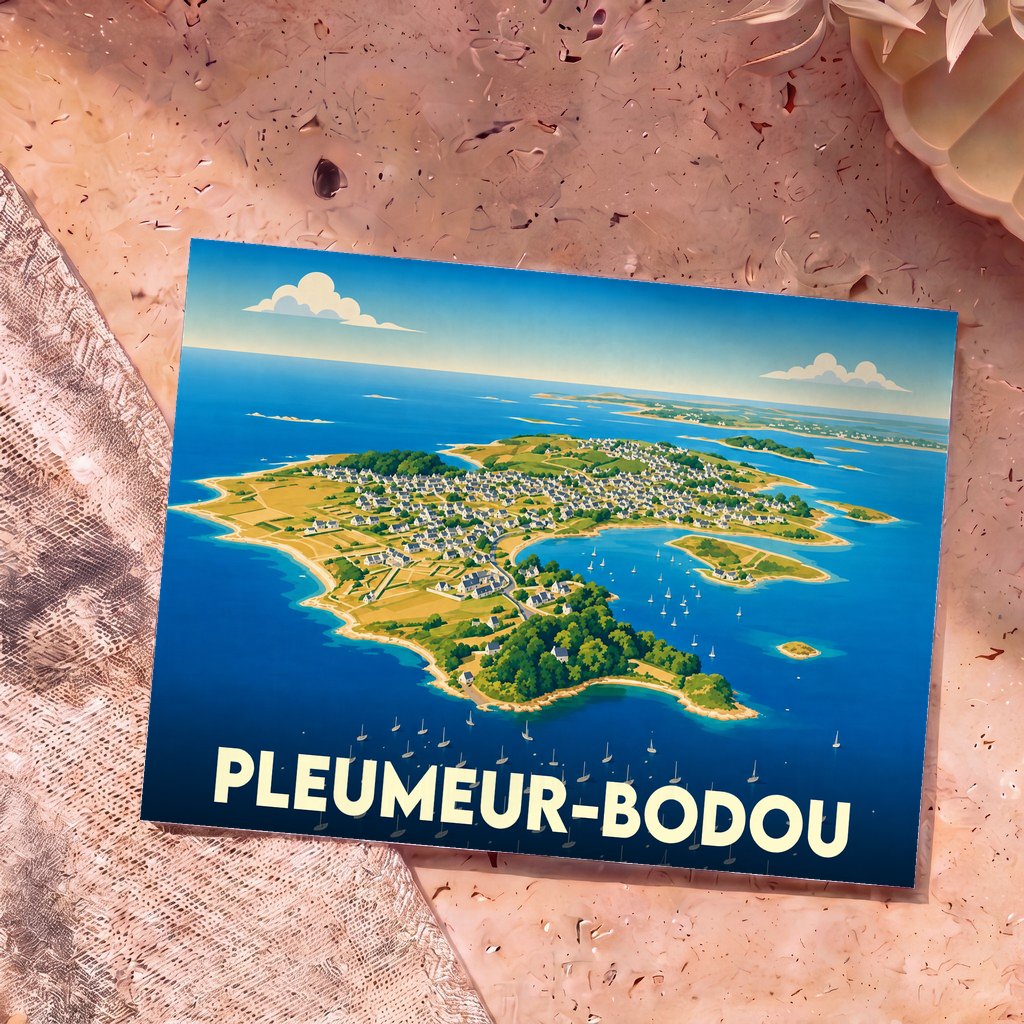 Carte postale souvenir de la ville de Pleumeur-Bodou illustrant une vue aérienne stylisée de la côte bretonne.