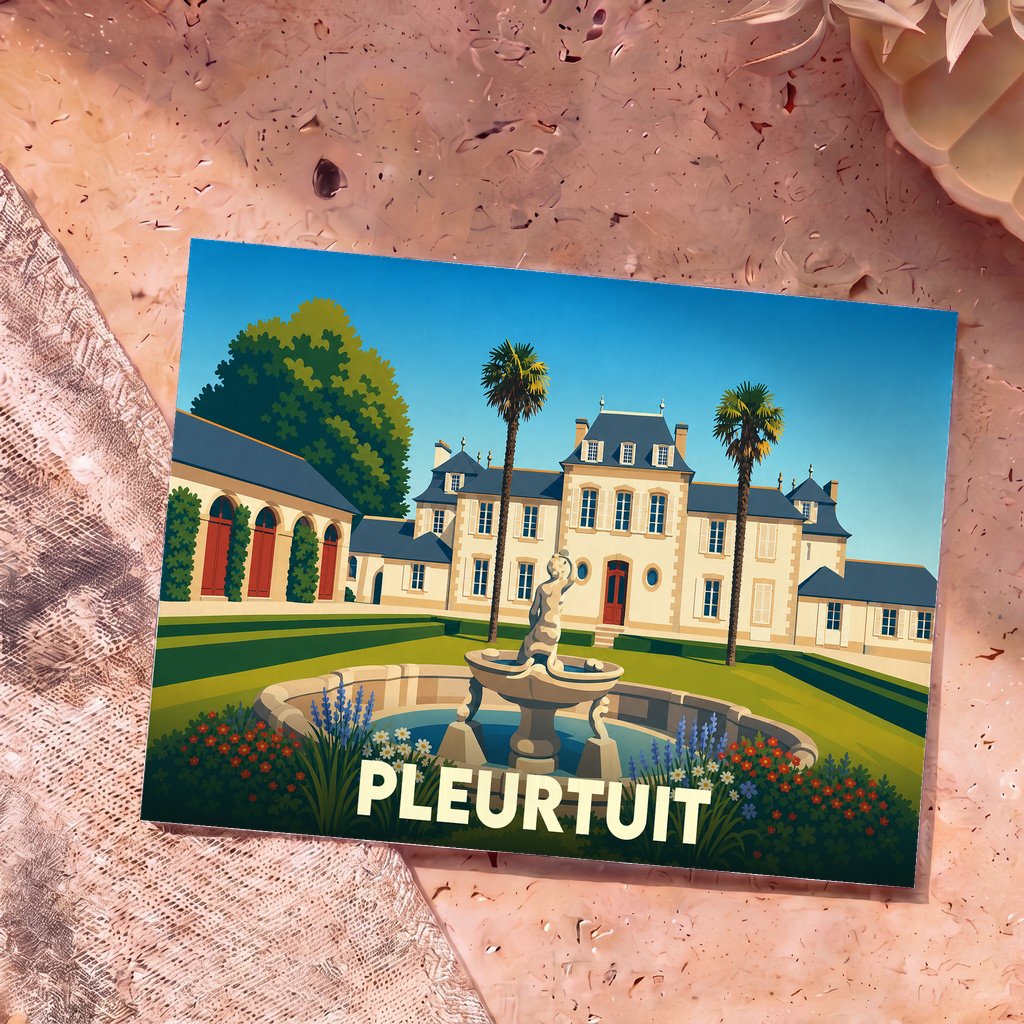 Carte postale souvenir de la ville de Pleurtuit avec une illustration stylisée d'un manoir et sa fontaine.