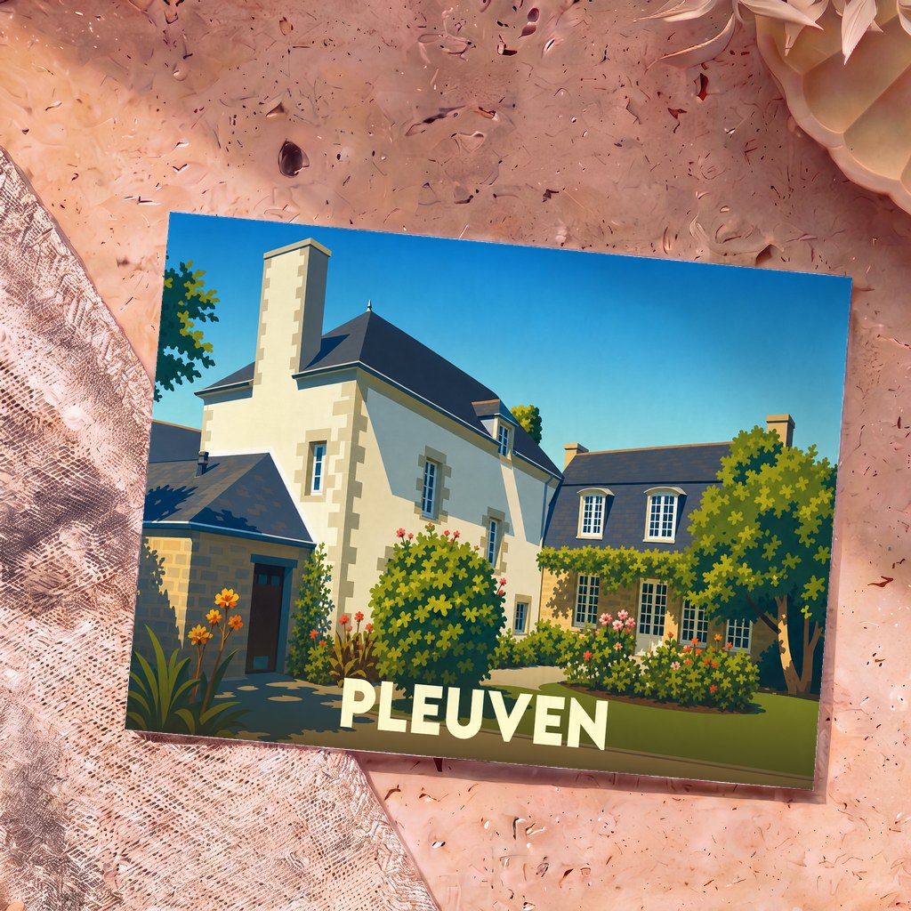 Carte postale souvenir de la ville de Pleuven avec une illustration stylisée d'une maison traditionnelle bretonne.