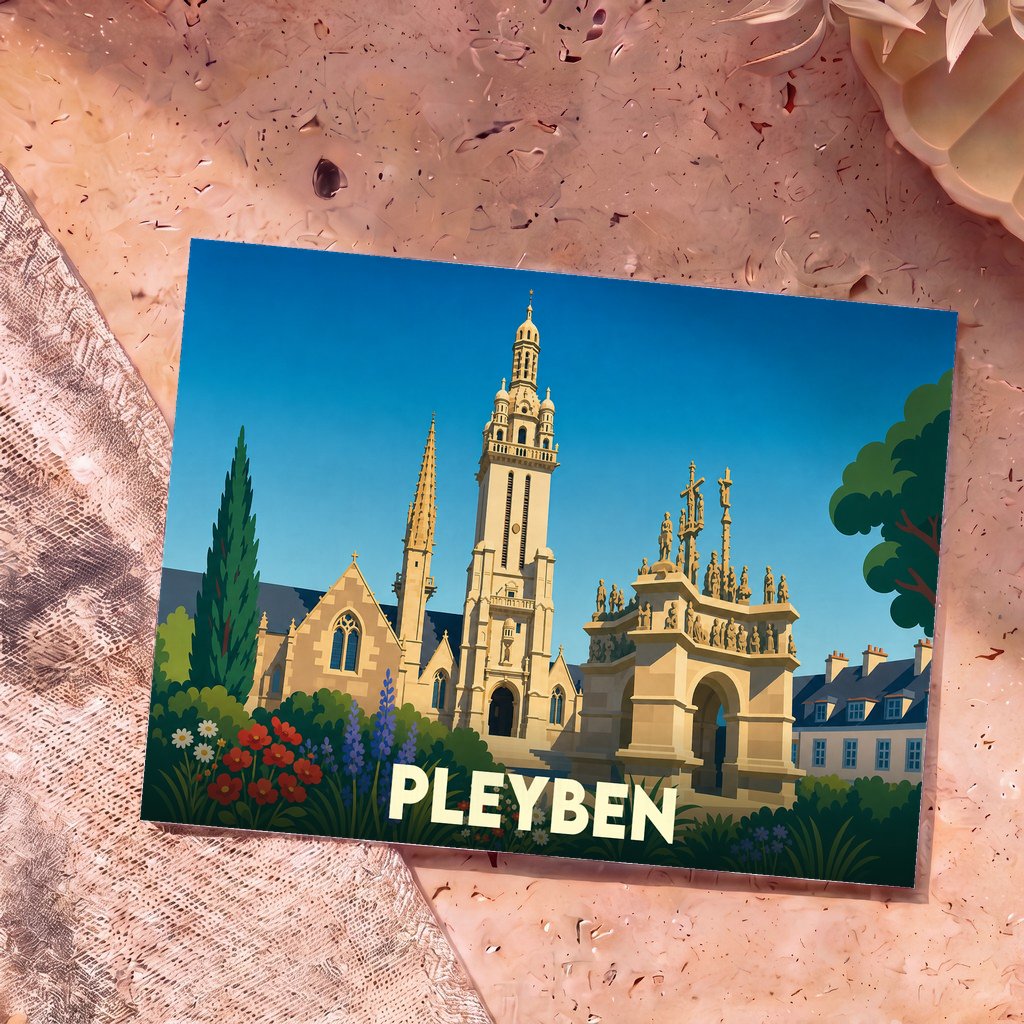 Carte postale souvenir de la ville de Pleyben avec une illustration stylisée de son enclos paroissial.