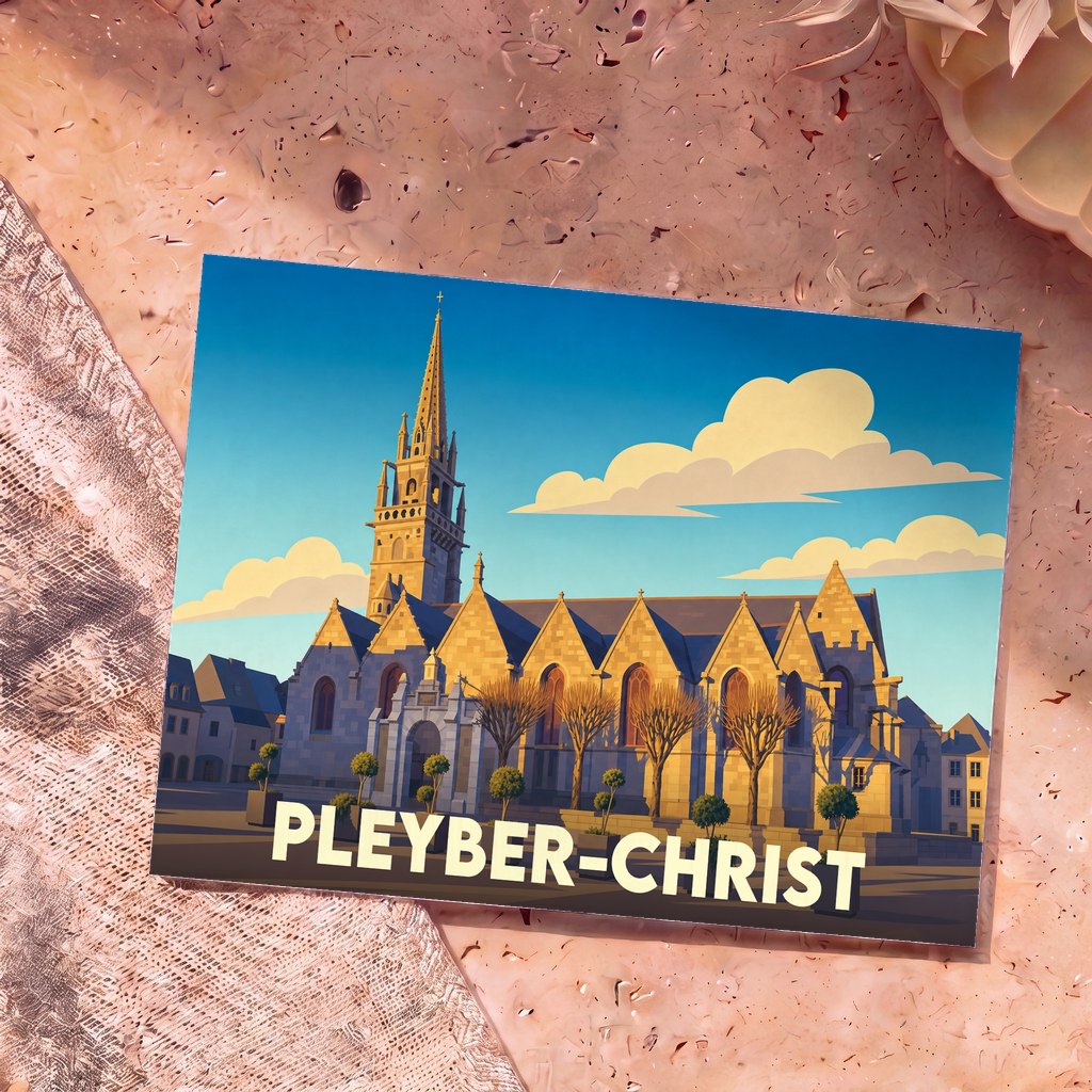 Carte postale souvenir de la ville de Pleyber-Christ illustrant son église avec un style graphique épuré.