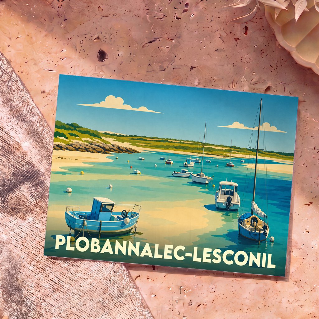 Carte postale souvenir de la ville de Plobannalec-Lesconil avec une illustration stylisée de son port de plaisance.