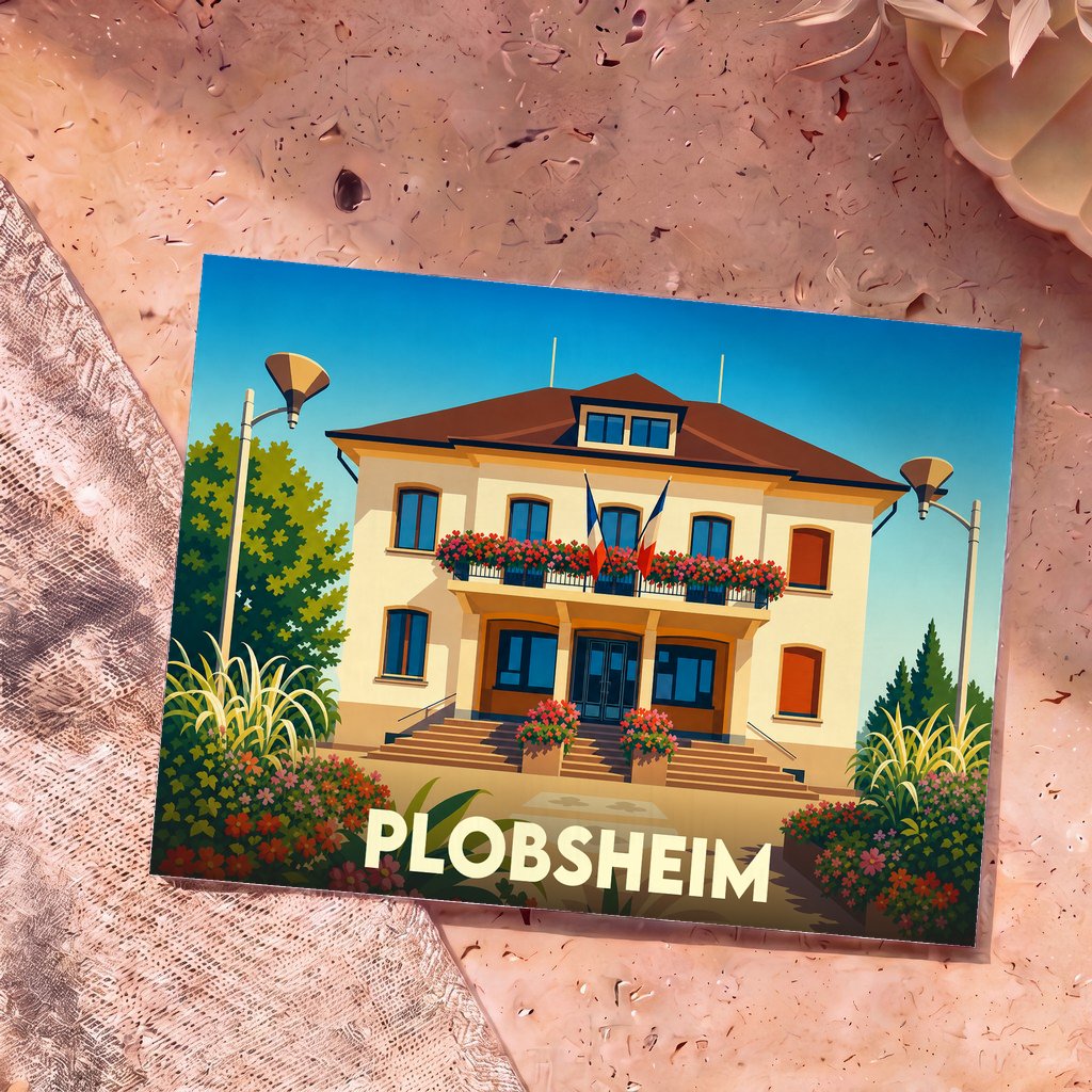Carte postale souvenir de la ville de Plobsheim avec une illustration stylisée de son hôtel de ville fleuri.