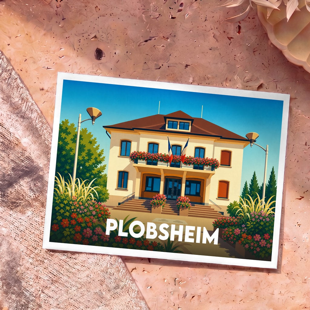 Carte postale souvenir de la ville de Plobsheim avec une illustration stylisée de son hôtel de ville fleuri.