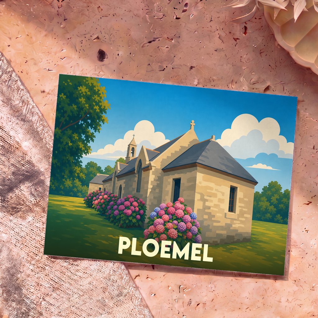 Carte postale souvenir de la ville de Ploemel illustrant une chapelle traditionnelle entourée d'hortensias.