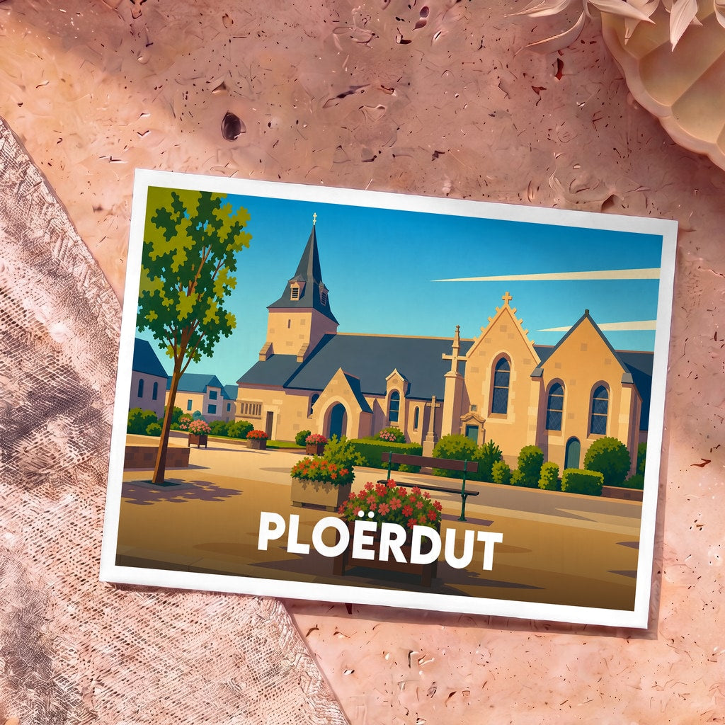 Carte postale souvenir de la ville de Ploërdut avec une illustration stylisée.