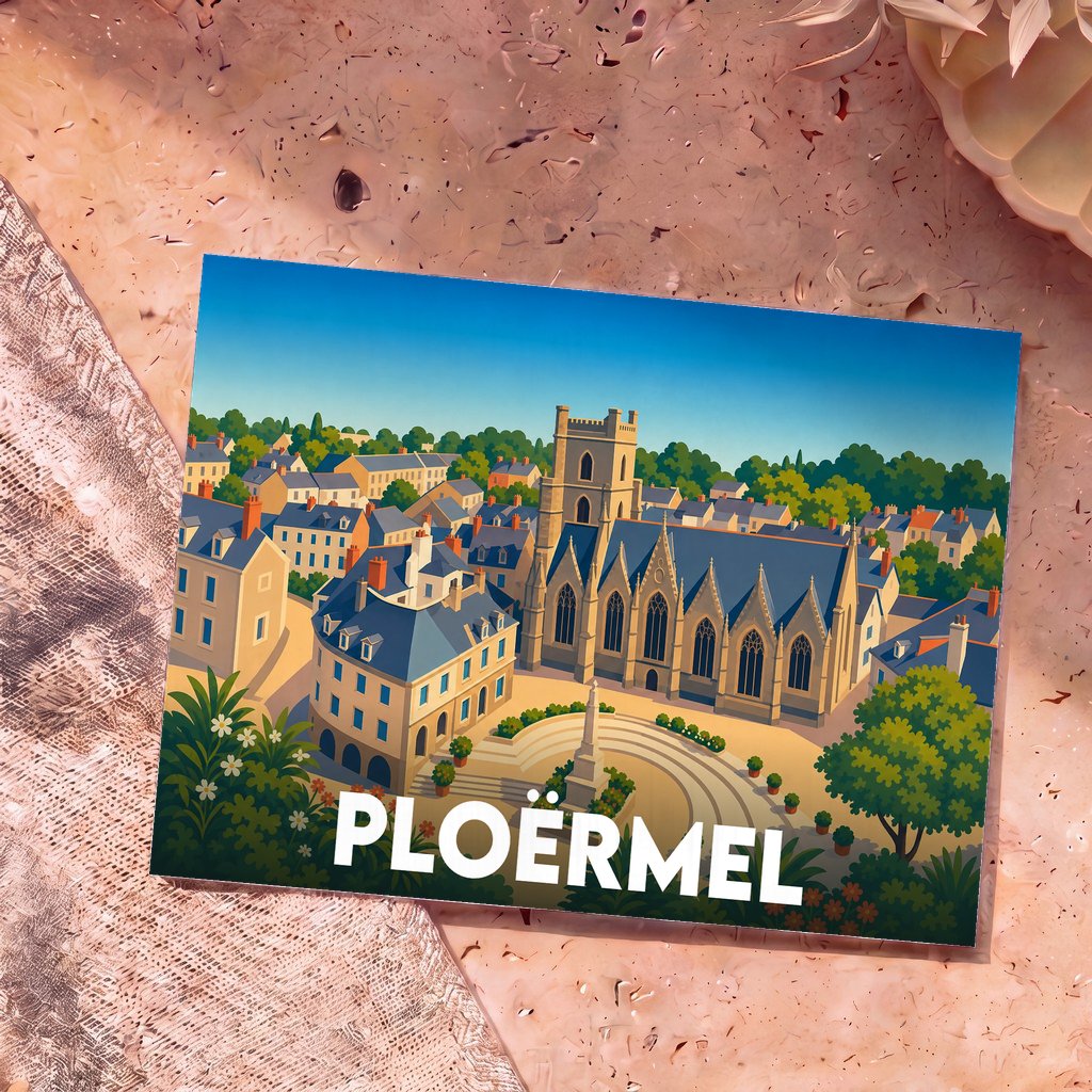 Carte postale souvenir de la ville de Ploërmel avec une illustration stylisée de son église et de sa place.