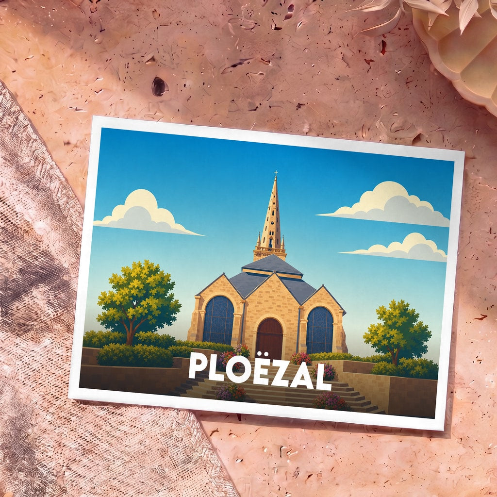 Carte postale souvenir de la ville de Ploëzal avec une illustration stylisée de son église sous un ciel bleu.