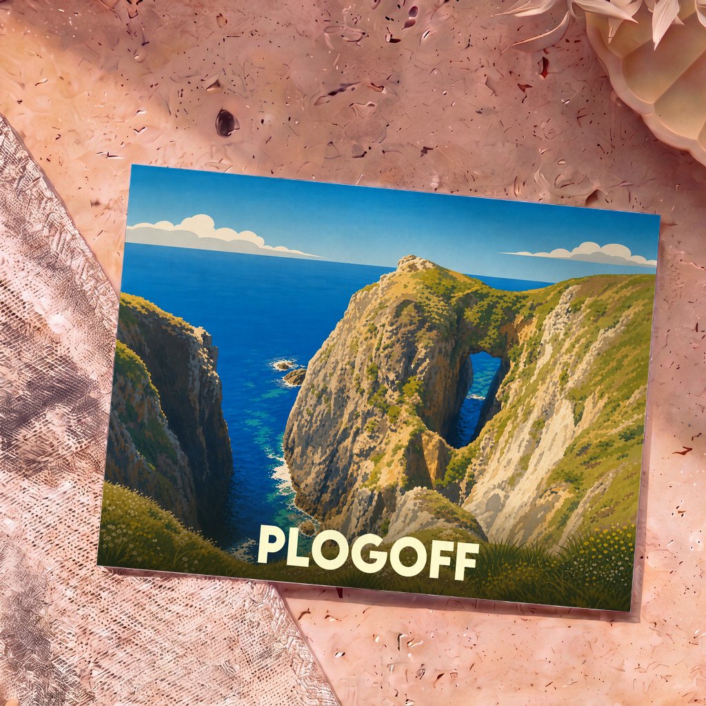 Carte postale souvenir de Plogoff illustrant une arche rocheuse sur une côte escarpée dans un style graphique épuré.
