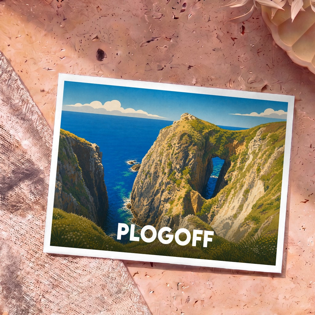 Carte postale souvenir de Plogoff illustrant une arche rocheuse sur une côte escarpée dans un style graphique épuré.